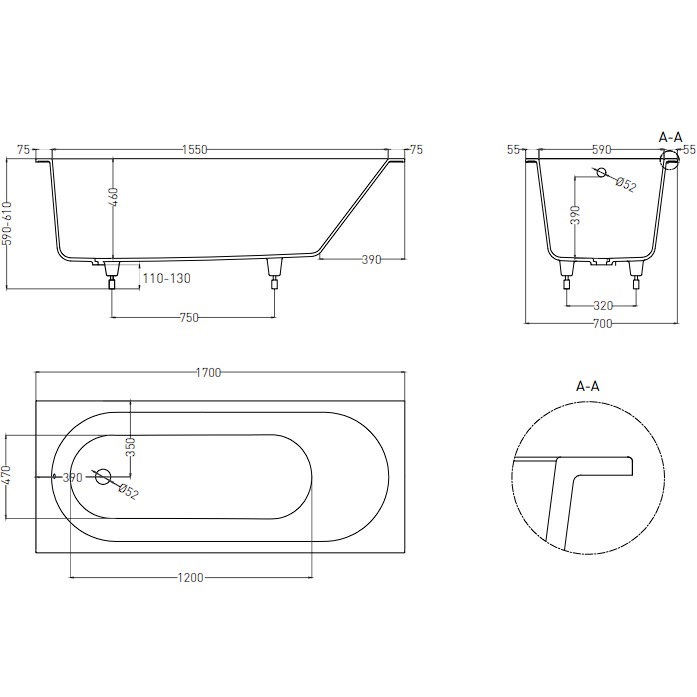Ванна встраиваемая Salini S-Sense Ornella 102313M 170x70x54 (белый матовый), без донного клапана
