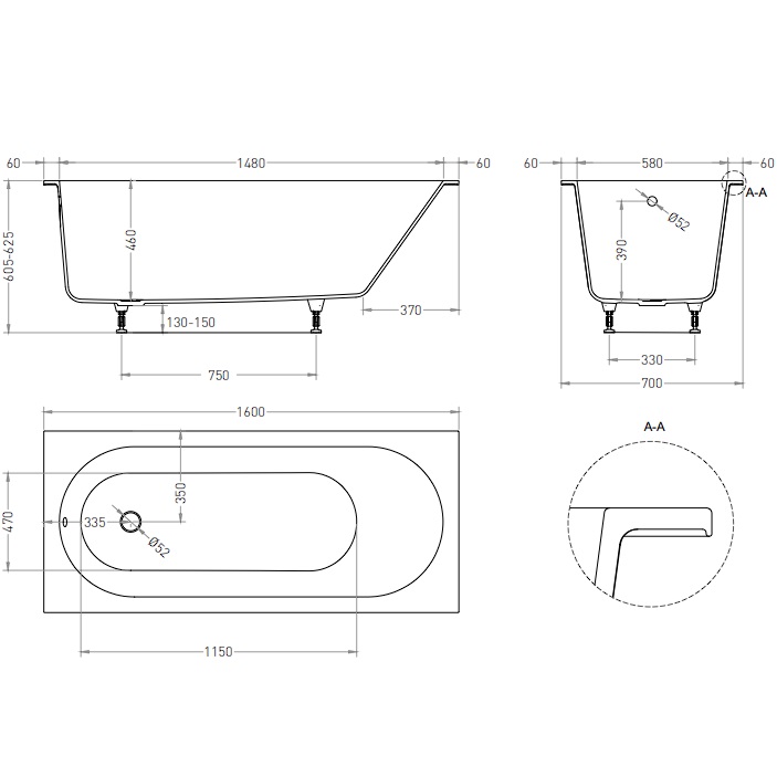 Ванна встраиваемая Salini S-Sense Ornella 102316GF 160x70x54 (покраска RAL полностью, глянцевый), без донного клапана