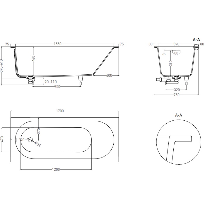 Ванна встраиваемая Salini S-Sense Ornella 102411MF 170x75x60 (покраска RAL полностью, только светлые оттенки, матовый), донный клапан, сифон, слив-перелив