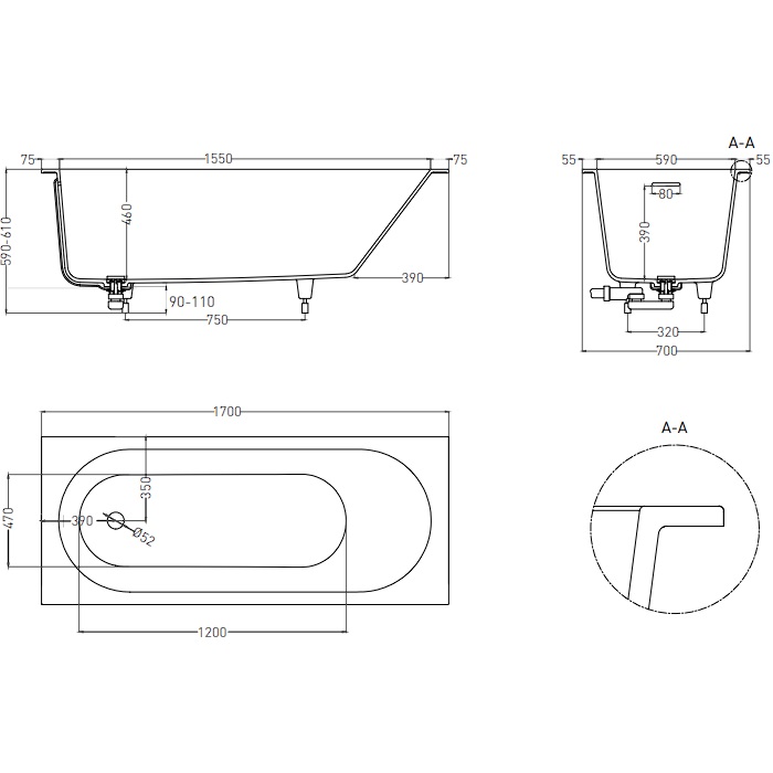 Ванна встраиваемая Salini S-Sense Ornella 102413G 170x70x60 (белый глянцевый),  донный клапан, сифон, слив-перелив