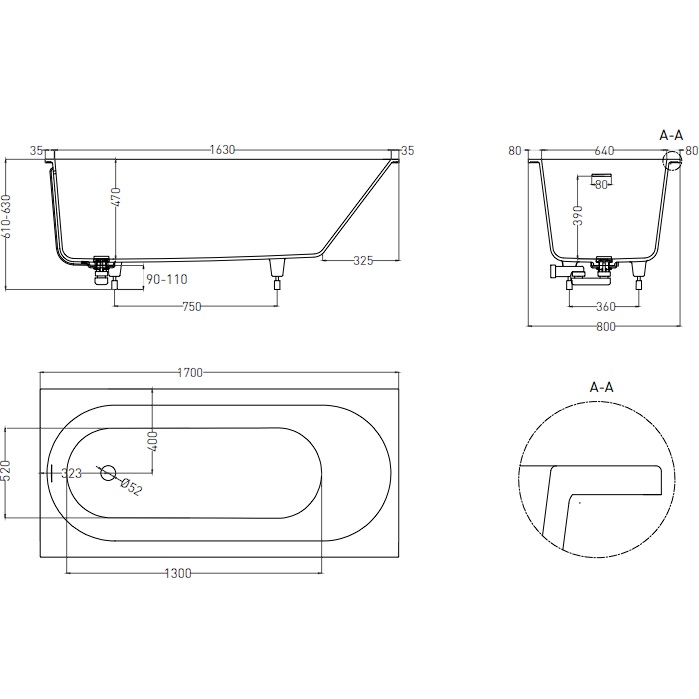 Ванна встраиваемая Salini S-Sense Ornella Kit 102414MF 170x80x60 (покраска RAL полностью, только светлые оттенки, матовый), донный клапан, сифон, слив-перелив
