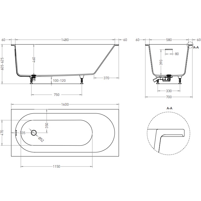 Ванна встраиваемая Salini S-Sense Ornella 102416GF 160x70x54 (покраска RAL полностью, глянцевый),  донный клапан, сифон, слив-перелив