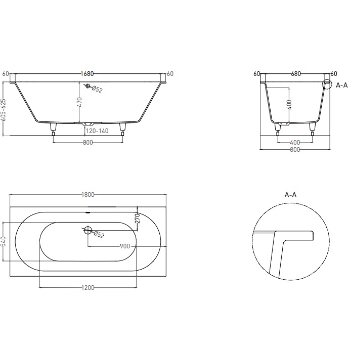 Ванна встраиваемая Salini S-Sense Ornella Axis 103411MF 180x80x60 (покраска RAL полностью, только светлые оттенки, матовый), без донного клапана