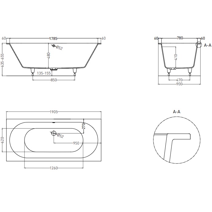 Ванна встраиваемая Salini S-Sense Ornella Axis 103412G 190.5x90.5x63.5 (белый глянцевый), без донного клапана