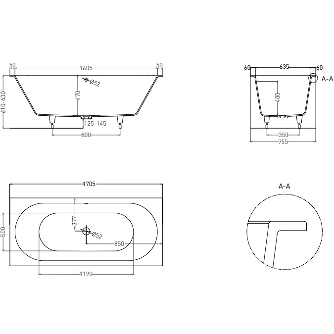 Ванна встраиваемая Salini S-Sense Ornella Axis 103413M 170.5x75.5x60 (белый матовый), без донного клапана