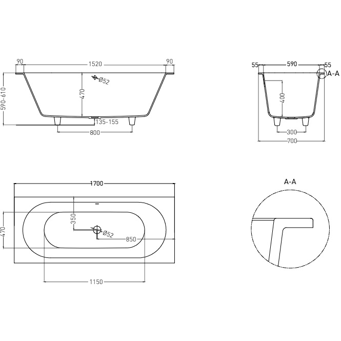 Ванна встраиваемая Salini S-Sense Ornella Axis 104613M 170x70x60 (белый матовый), без донного клапана