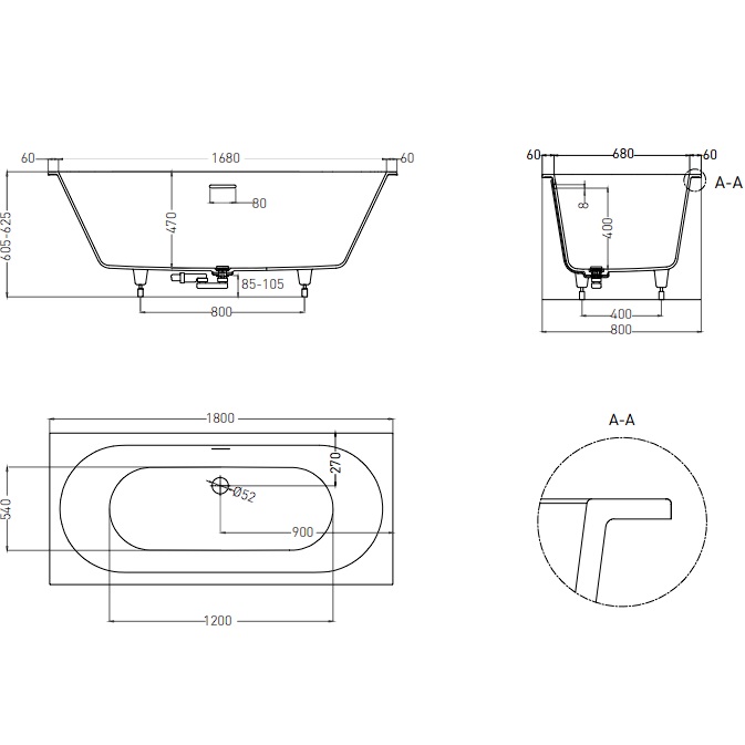 Ванна встраиваемая Salini S-Sense Ornella Axis Kit 103511G 180x80x60 (белый глянцевый), донный клапан, сифон, слив-перелив