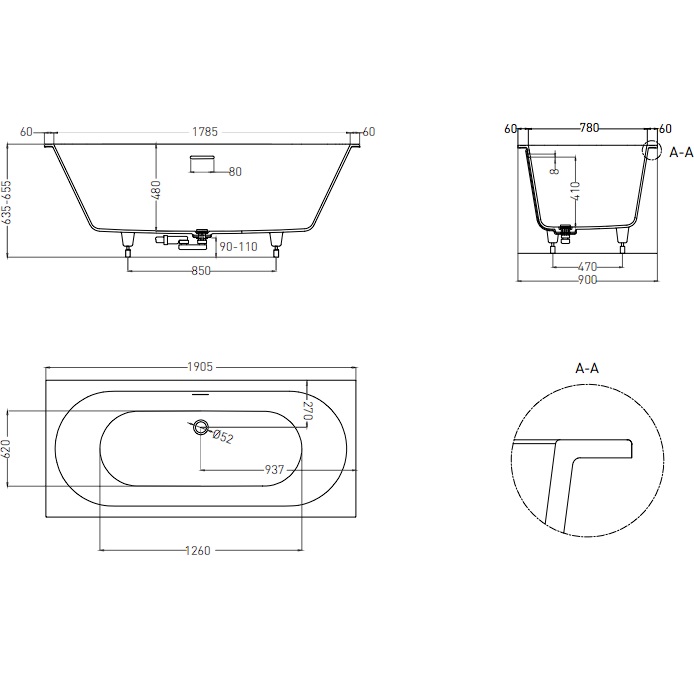 Ванна встраиваемая Salini S-Sense Ornella Axis Kit 103512MF 190.5x90.5x63.5 (покраска RAL полностью, только светлые оттенки, матовый), донный клапан, сифон, слив-перелив