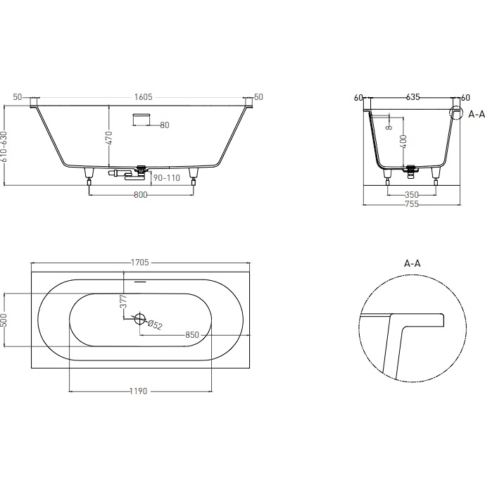 Ванна встраиваемая Salini S-Sense Ornella Axis Kit 103513M 170.5x75.5x60 (белый матовый), донный клапан, сифон, слив-перелив