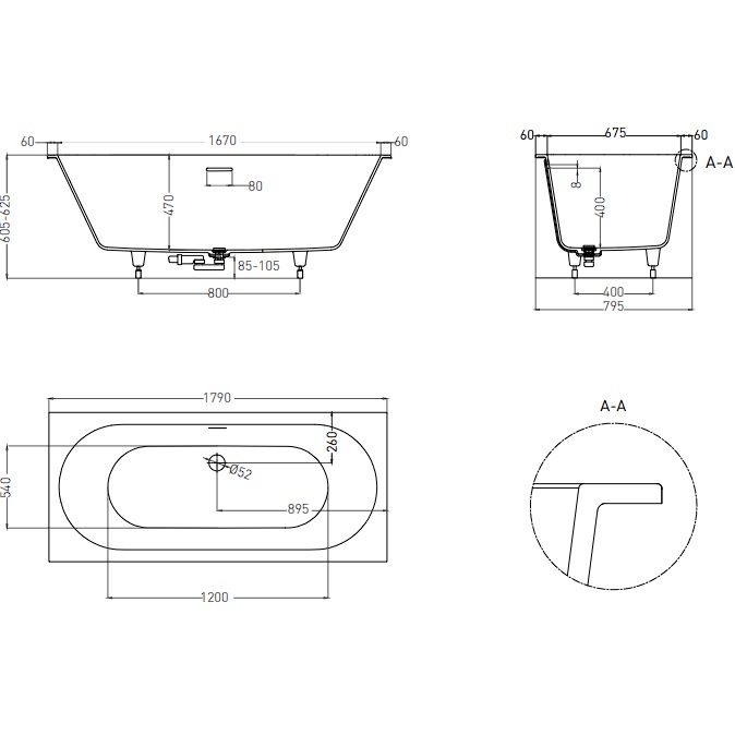 Ванна встраиваемая Salini S-Stone Ornella Axis Kit 103521MF 180x80x60 (покраска RAL полностью, матовый), донный клапан, сифон, слив-перелив