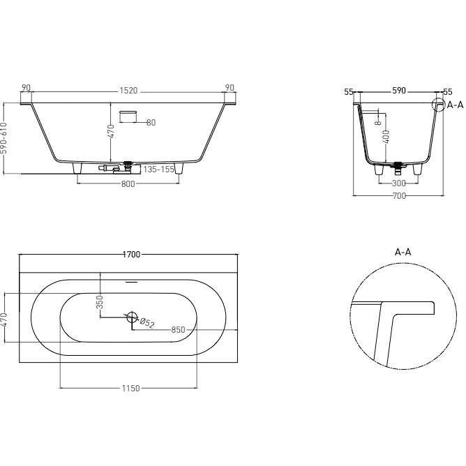 Ванна встраиваемая Salini S-Sense Ornella Axis Kit 104713MF 170x70x60 (покраска RAL полностью, только светлые оттенки, матовый), донный клапан, сифон, слив-перелив