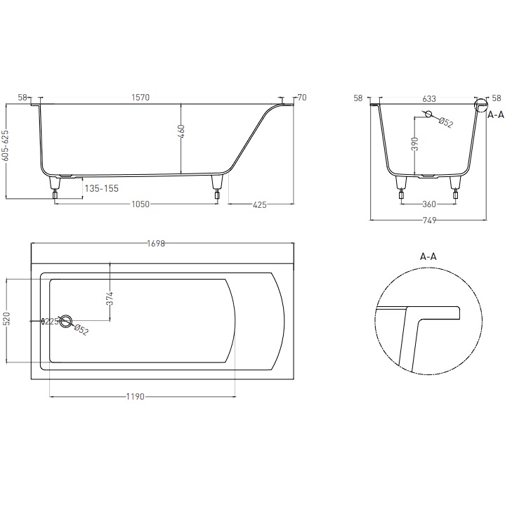 Ванна встраиваемая Salini S-Stone Cascata 104123MF 169.8x74.7x60 (покраска RAL полностью, матовый), без донного клапана
