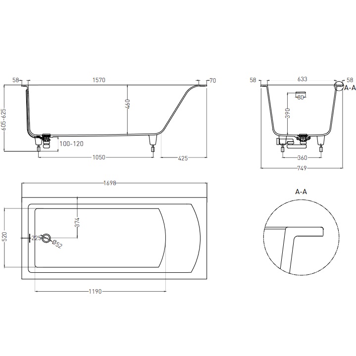 Ванна встраиваемая Salini S-Stone Cascata 104323MF 169.8x74.7x60 (покраска RAL полностью, матовый), донный клапан, сифон, слив-перелив 