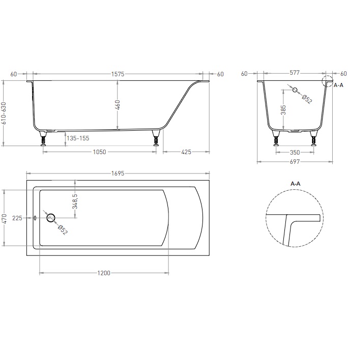 Ванна встраиваемая Salini S-Stone Cascata 104423MF 170x70x55.2 (покраска RAL полностью, матовый), без донного клапана