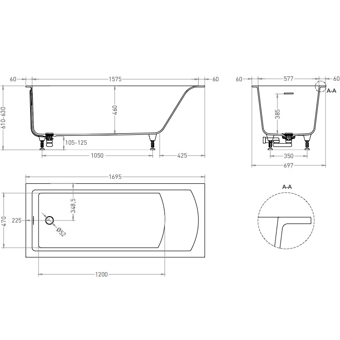 Ванна встраиваемая Salini S-Stone Cascata 104823MF 169.8x74.7x60 (покраска RAL полностью, матовый), донный клапан, сифон, слив-перелив