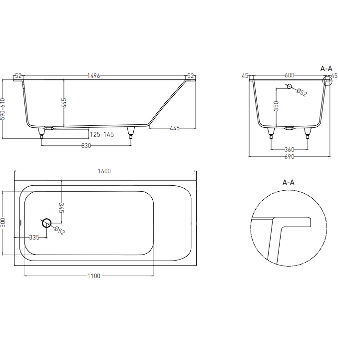 Ванна встраиваемая Salini S-Stone Orlanda 102025MF 160x70x 60 (покраска RAL полностью, матовый), без донного клапана