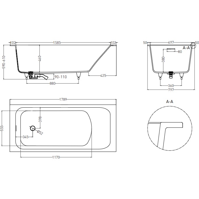 Ванна встраиваемая Salini S-Stone Orlanda 102122MF 180x80x60 (покраска RAL полностью, матовый), донный клапан, сифон, слив-перелив