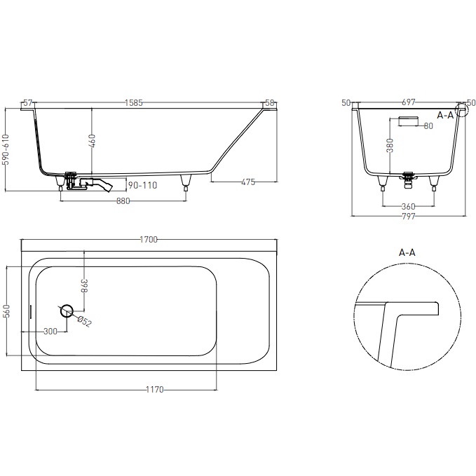Ванна встраиваемая Salini S-Stone Orlanda 102126MF 170x80x60 (покраска RAL полностью, матовый), донный клапан, сифон, слив-перелив