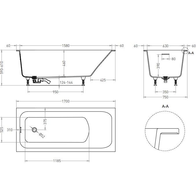Ванна встраиваемая Salini S-Stone Orlanda 102127MF 170x75x60 (покраска RAL полностью, матовый), донный клапан, сифон, слив-перелив