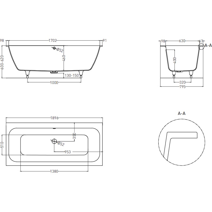 Ванна встраиваемая Salini S-Stone Orlanda Axis 103221M 190.5x79.5x60 (белый матовый), без донного клапана
