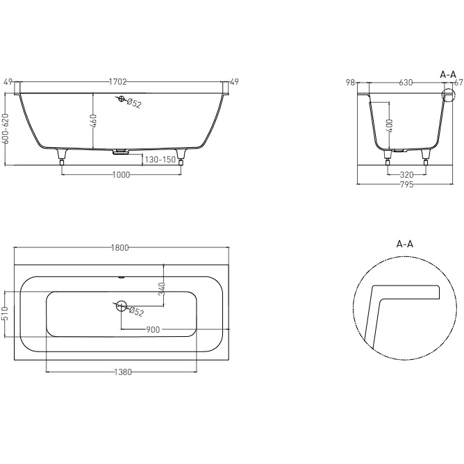 Ванна встраиваемая Salini S-Stone Orlanda Axis 103222MF 180x80x60 (покраска RAL полностью, матовый), без донного клапана
