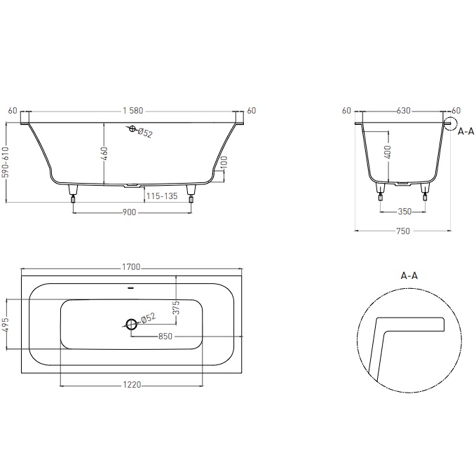 Ванна встраиваемая Salini S-Stone Orlanda Axis 103223M 170x75x60 (белый матовый), без донного клапана