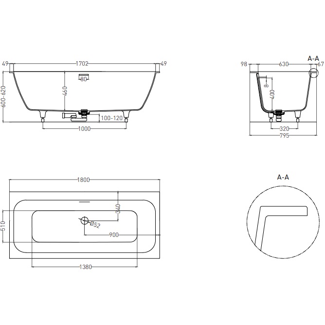 Ванна встраиваемая Salini S-Stone Orlanda Axis Kit 103322MF 180x80x60 (покраска RAL полностью, матовый), донный клапан, сифон, слив-перелив