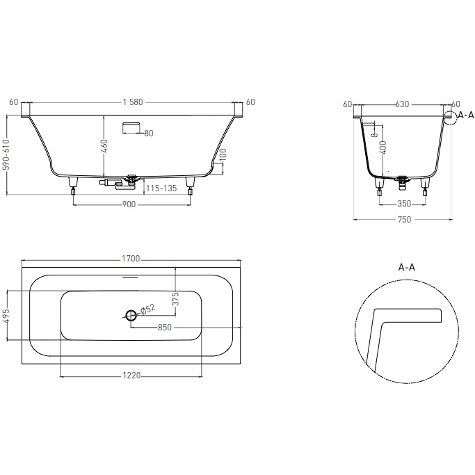 Ванна встраиваемая Salini S-Stone Orlanda Axis Kit 103323M 170x75x60 (белый матовый), донный клапан, сифон, слив-перелив