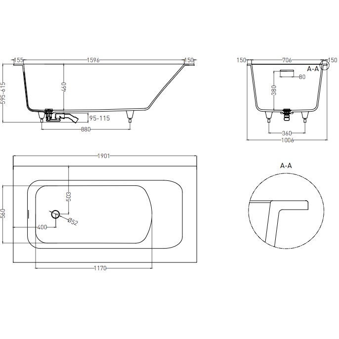 Ванна встраиваемая Salini S-Stone Orlanda Plus Kit 102124M 190x100x60 (белый матовый), донный клапан, сифон, слив-перелив