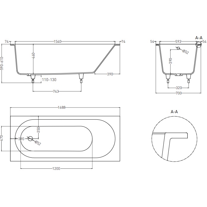 Ванна встраиваемая Salini S-Stone Ornella 102323MF 170x70x54 (покраска RAL полностью, матовый), без донного клапана