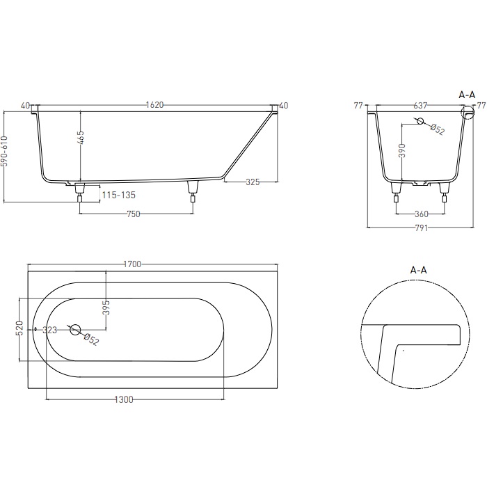 Ванна встраиваемая Salini S-Stone Ornella 102324M 170x80x60 (белый матовый), без донного клапана