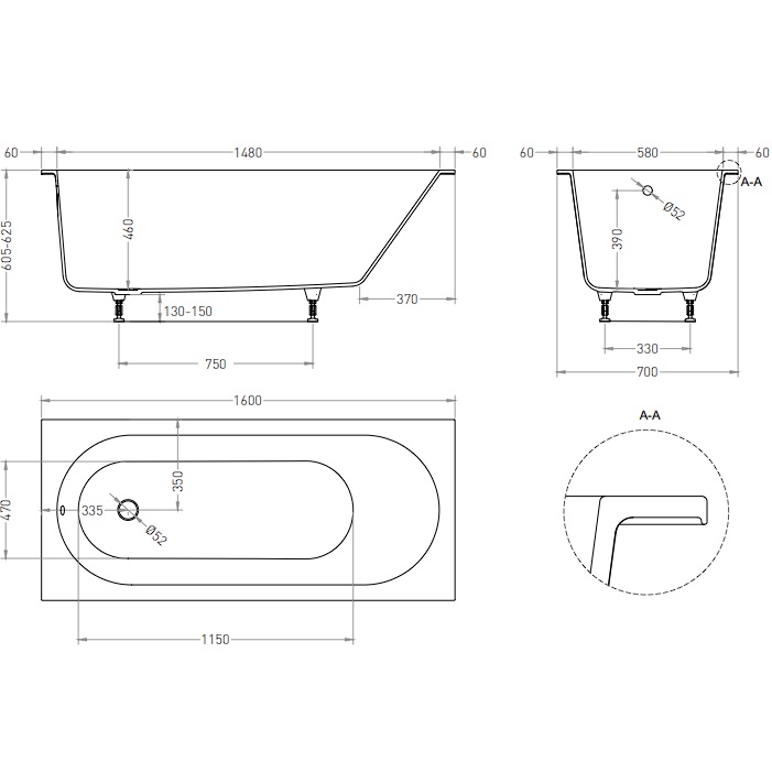 Ванна встраиваемая Salini S-Stone Ornella 102326MF 160x70x54 (покраска RAL полностью, матовый), без донного клапана