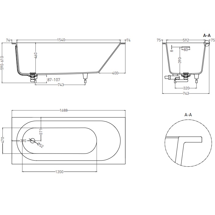 Ванна встраиваемая Salini S-Stone Ornella 102421MF 170x774.5x60 (покраска RAL полностью, матовый), донный клапан, сифон, слив-перелив