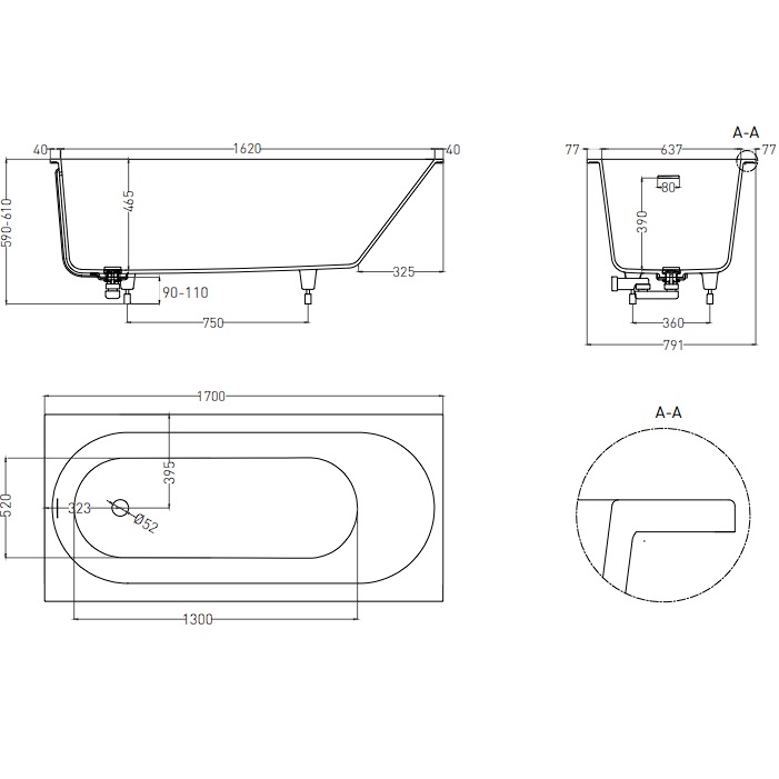 Ванна встраиваемая Salini S-Stone Ornella Kit 102424MF 170x80x60 (покраска RAL полностью, матовый), донный клапан, сифон, слив-перелив