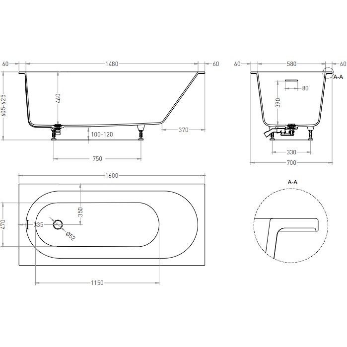 Ванна встраиваемая Salini S-Stone Ornella 102426M 160x70x54 (белый матовый), донный клапан, сифон, слив-перелив