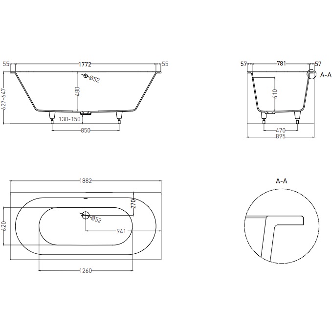 Ванна встраиваемая Salini S-Stone Ornella Axis 103422MF 190.5x90.5x63.5 (покраска RAL полностью, матовый), без донного клапана