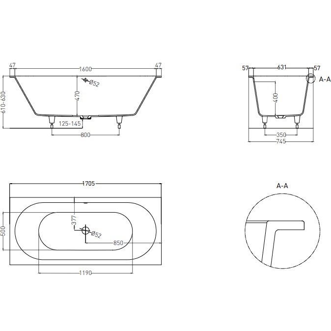 Ванна встраиваемая Salini S-Stone Ornella Axis 103423MF 170x75x60 (покраска RAL полностью, матовый), без донного клапана