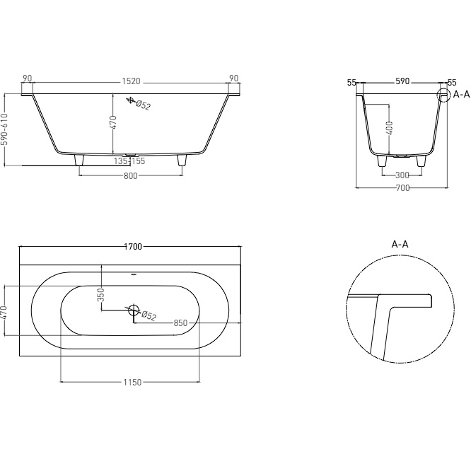Ванна встраиваемая Salini S-Stone Ornella Axis 104623MF 170x70x60 (покраска RAL полностью, матовый), без донного клапана