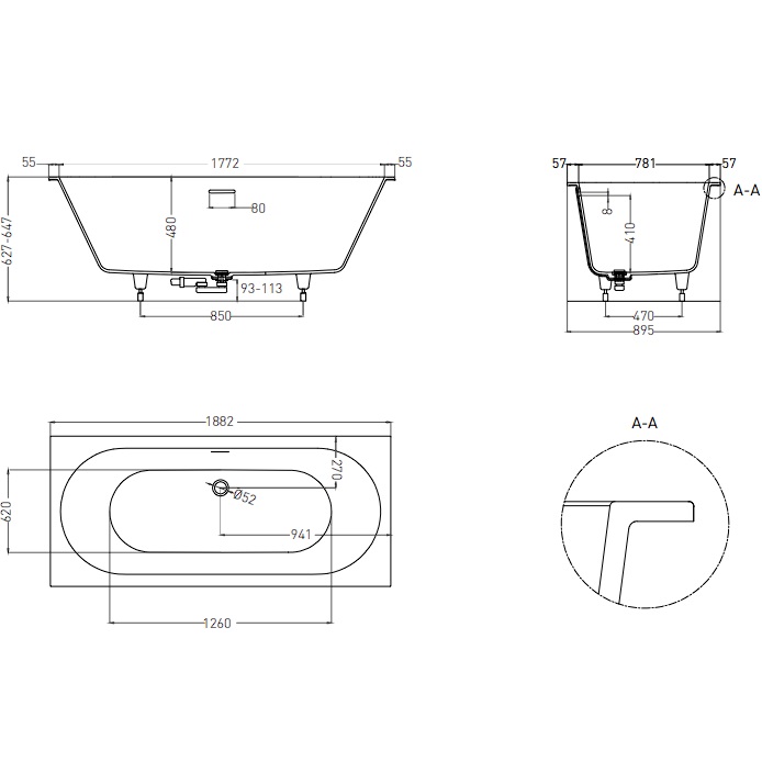 Ванна встраиваемая Salini S-Stone Ornella Axis Kit 103522M 190x90x63.5 (белый матовый), донный клапан, сифон, слив-перелив