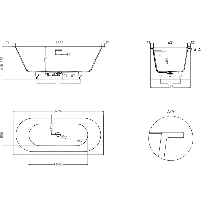 Ванна встраиваемая Salini S-Stone Ornella Axis Kit 103523MF 170x75x60 (покраска RAL полностью, матовый), донный клапан, сифон, слив-перелив