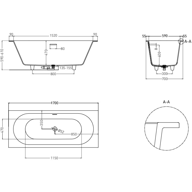 Ванна встраиваемая Salini S-Stone Ornella Axis Kit 104723M 170x70x60 (белый матовый), донный клапан, сифон, слив-перелив