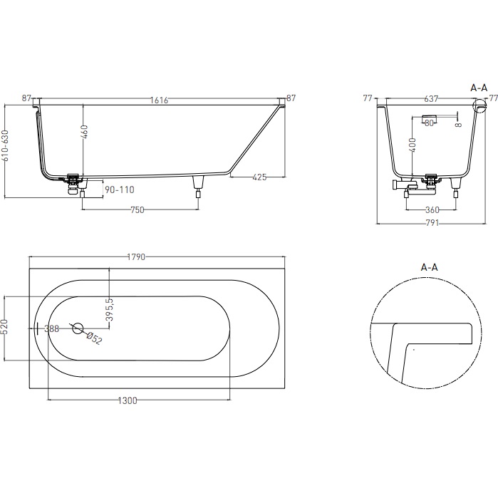 Ванна встраиваемая Salini S-Stone Ornella Kit 102422MF 180x80x60 (покраска RAL полностью, матовый), донный клапан, сифон, слив-перелив