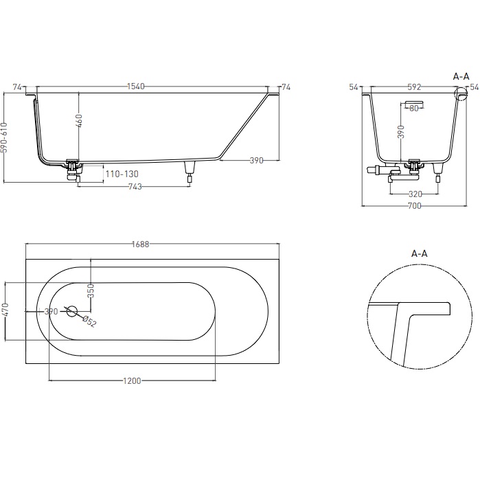 Ванна встраиваемая Salini S-Stone Ornella 102423M 170x70x60 (белый матовый), донный клапан, сифон, слив-перелив