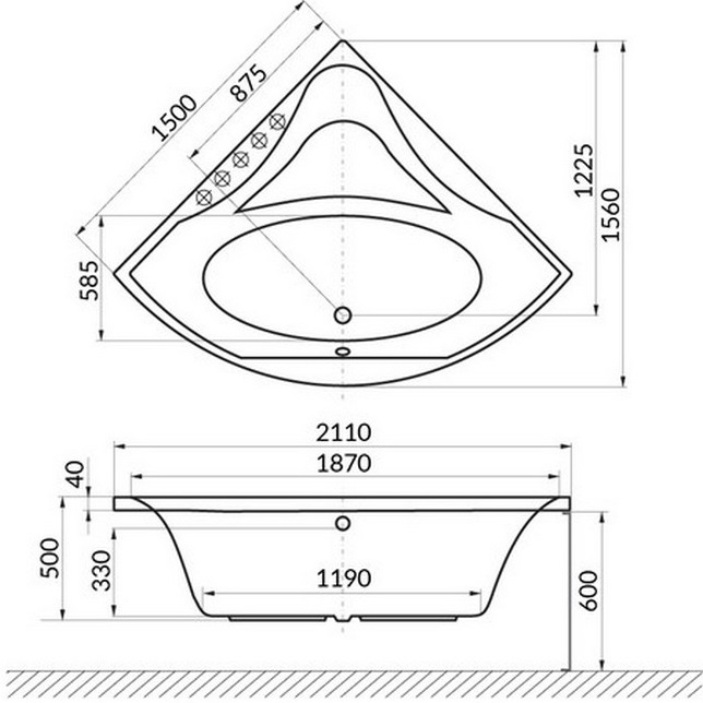 Ванная гидромассажная акриловая Excellent Glamour LINE WAEX.GLA15.LINE.WH 150x150 (белый глянцевый), каркас, слив-перелив 