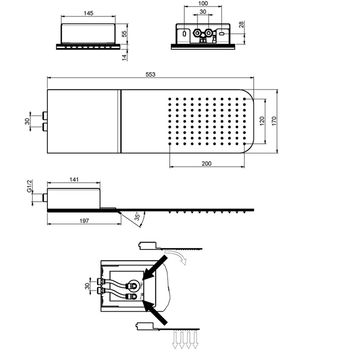 Верхний душ настенный 20x20см. Fima Carlo Frattini Wellness F2347CR (хром), 2 вида струи