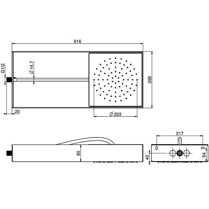 Верхний душ потолочный подвесной 61.6х26.6см Fima Carlo Frattini Soffioni F2991NINOX (черный, нержавеющая сталь)