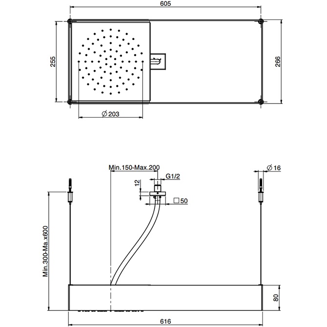 Верхний душ потолочный подвесной 25.5x25.5 см. Fima Carlo Frattini Soffioni F2993NINOX (черный, нержавеющая сталь)