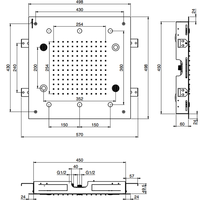 Верхний душ потолочный встраиваемый 50х50см Fima Carlo Frattini Soffioni F2902NS (черный матовый), хромотерапия