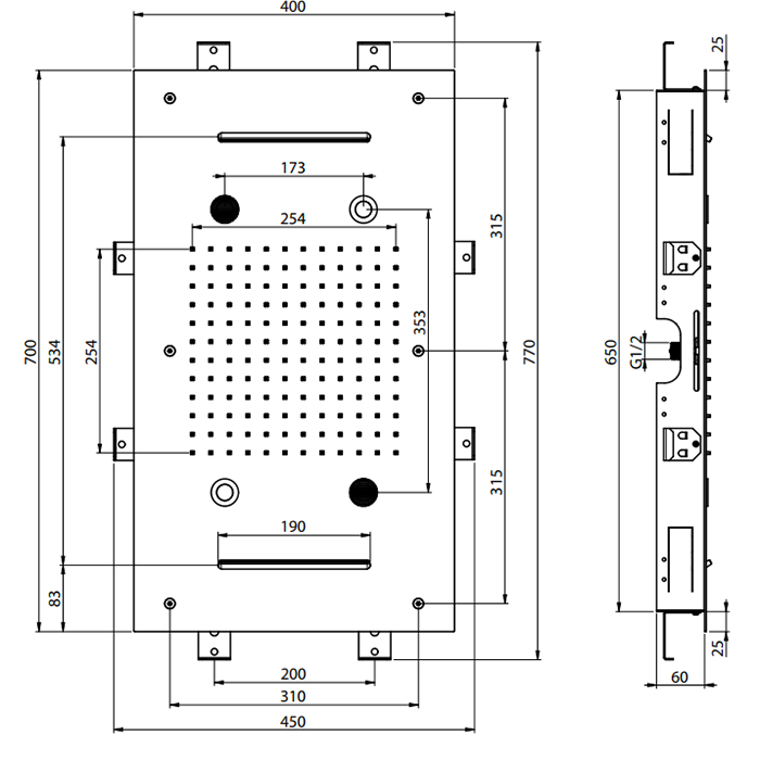 Верхний душ потолочный встраиваемый 70х40см Fima Carlo Frattini Soffioni F2904NS (черный матовый), 2 вида струи, хромотерапия