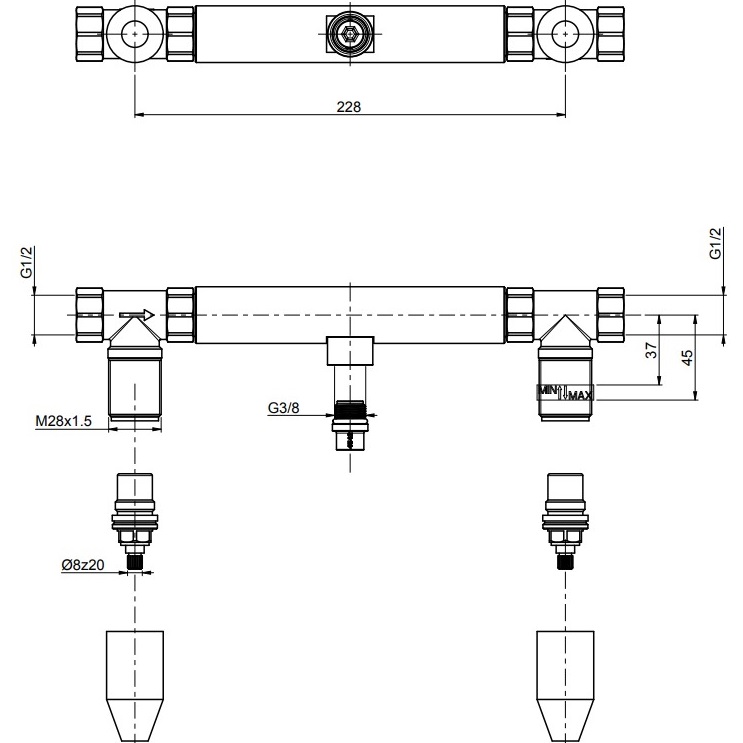 Внутренняя часть настенного смесителя для раковины, на 3 отверстия Fima Carlo Frattini F2240